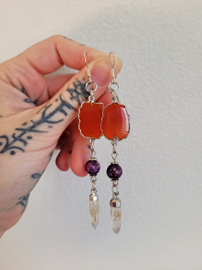 Agate and Rutilated Quartz Crystal Earrings