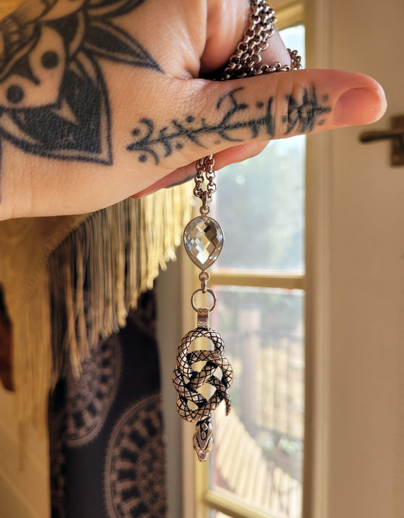 Silver Snake Knot Topaz Crystal Amulet