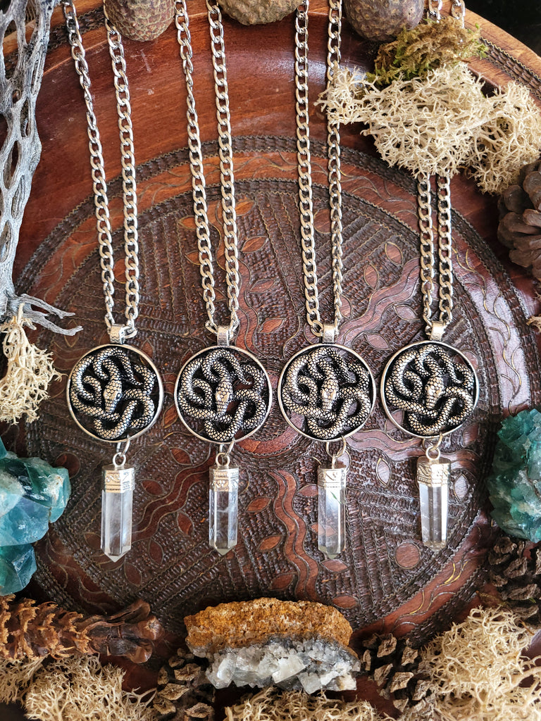 Silver Snake Knot Quartz Crystal Amulet