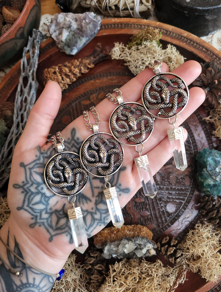 Silver Snake Knot Quartz Crystal Amulet
