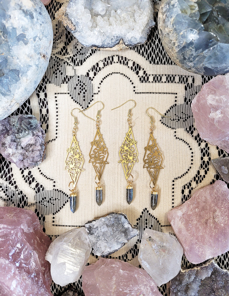 Gold Floral Labradorite Crystal Earrings