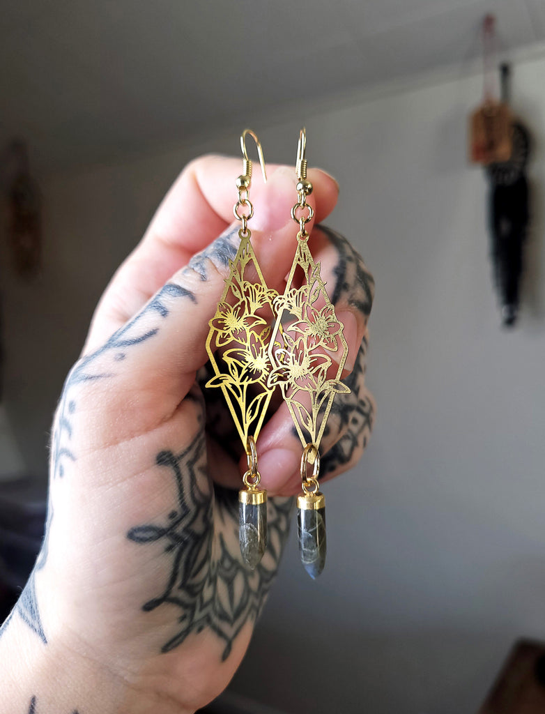 Gold Floral Labradorite Crystal Earrings