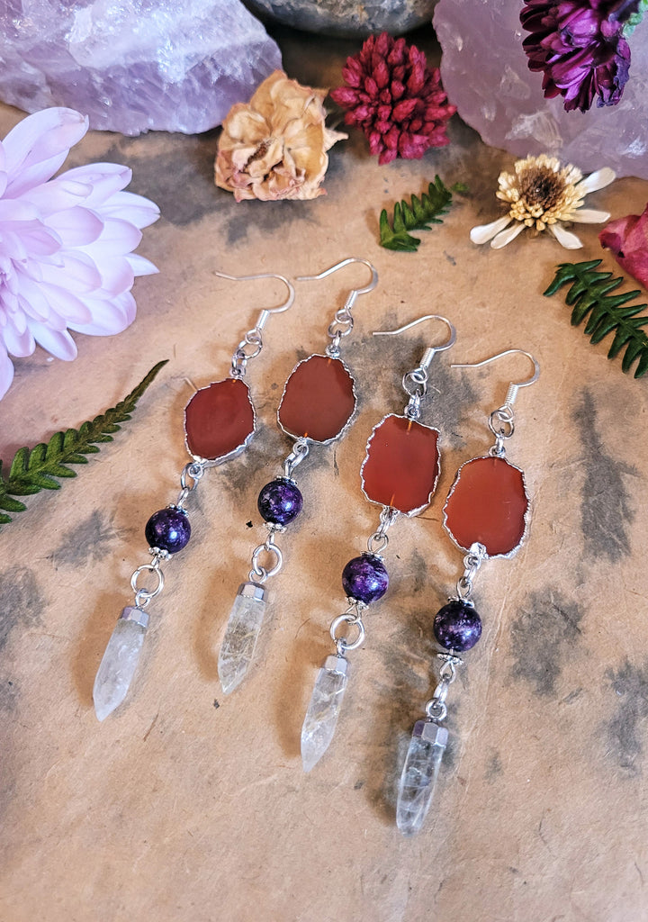 Agate and Rutilated Quartz Crystal Earrings