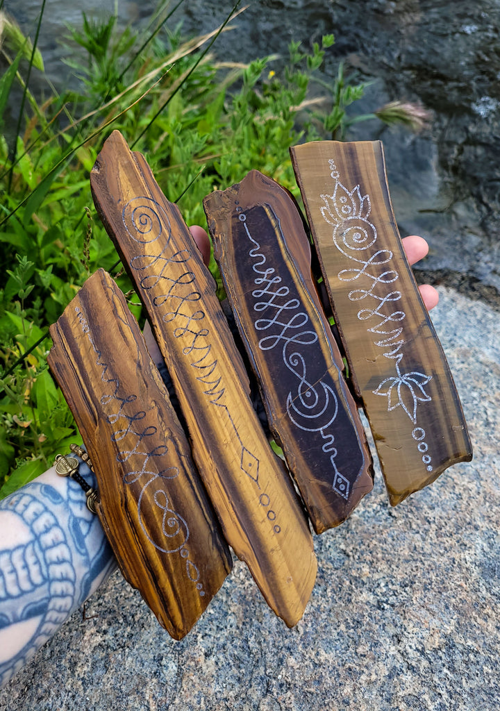 Unalome Tigers Eye Crystal Slabs