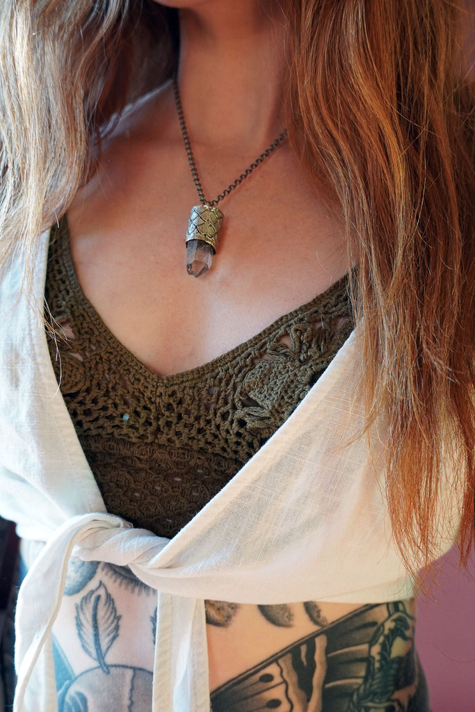 Quartz Crystal Scalloped Silver Amulet Necklace