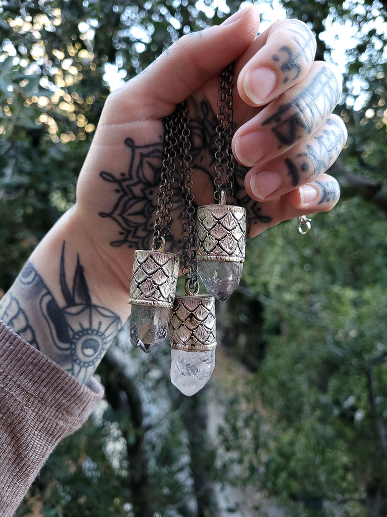 Quartz Crystal Scalloped Silver Amulet Necklace