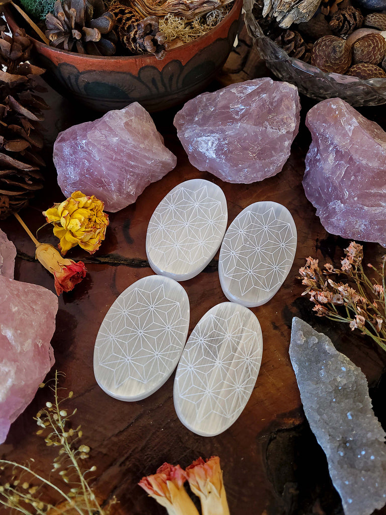 Selenite Sacred Geometry Flat Oval Gem