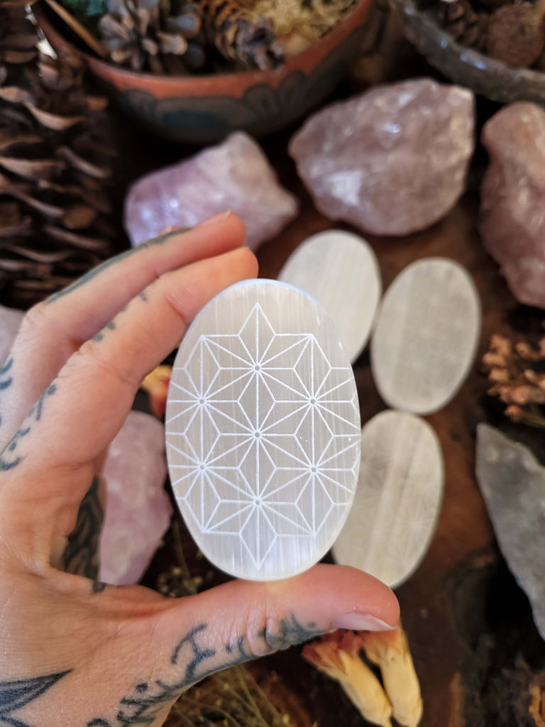 Selenite Sacred Geometry Flat Oval Gem