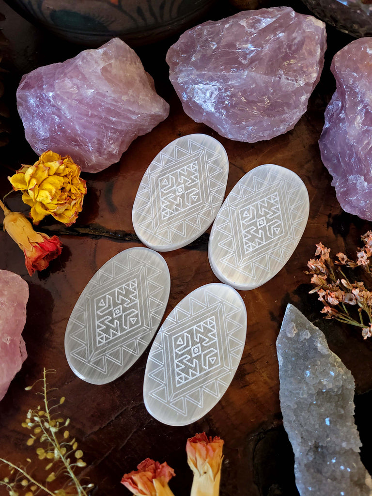 Selenite Tribal Geometry Flat Oval Gem