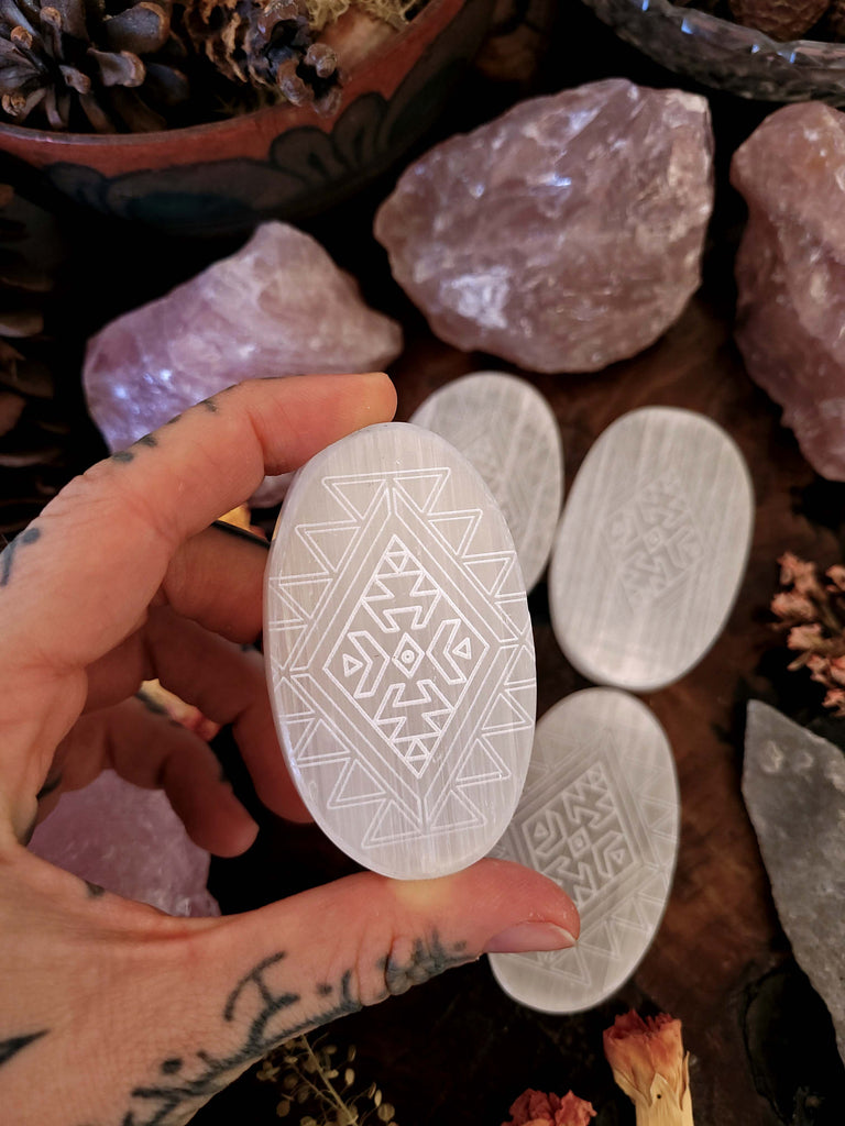 Selenite Tribal Geometry Flat Oval Gem