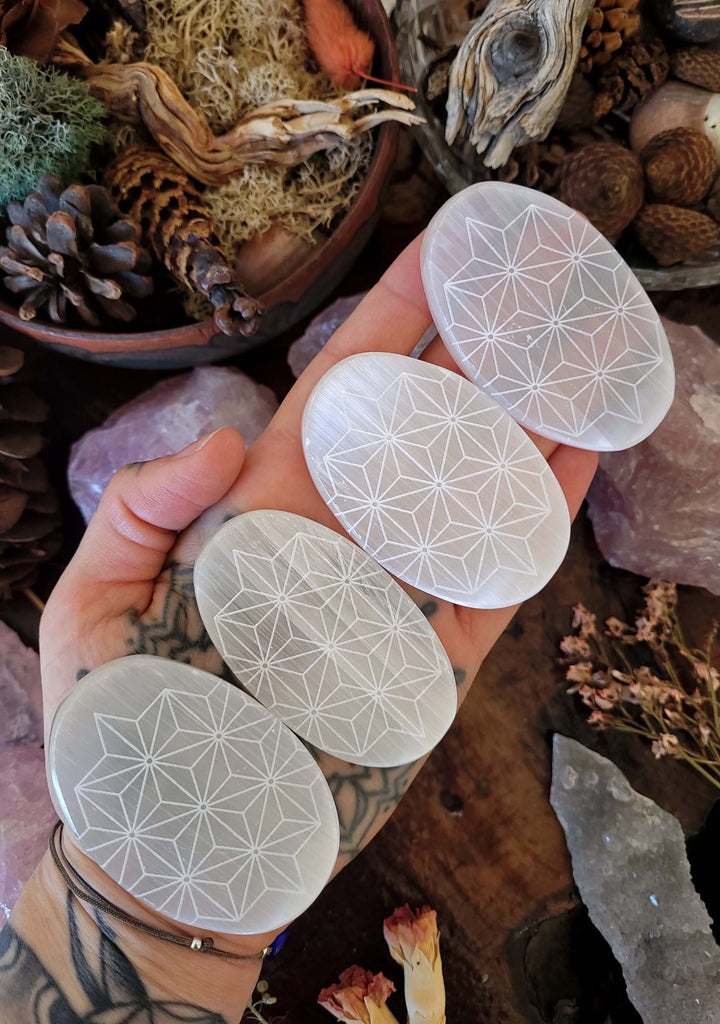Selenite Sacred Geometry Flat Oval Gem