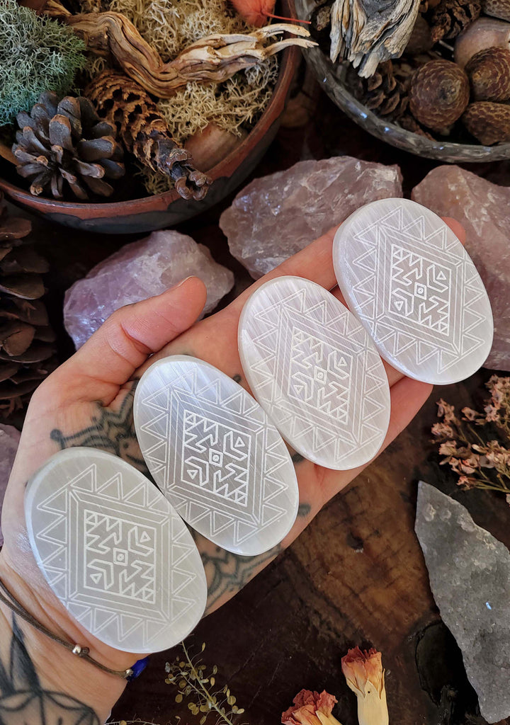 Selenite Tribal Geometry Flat Oval Gem