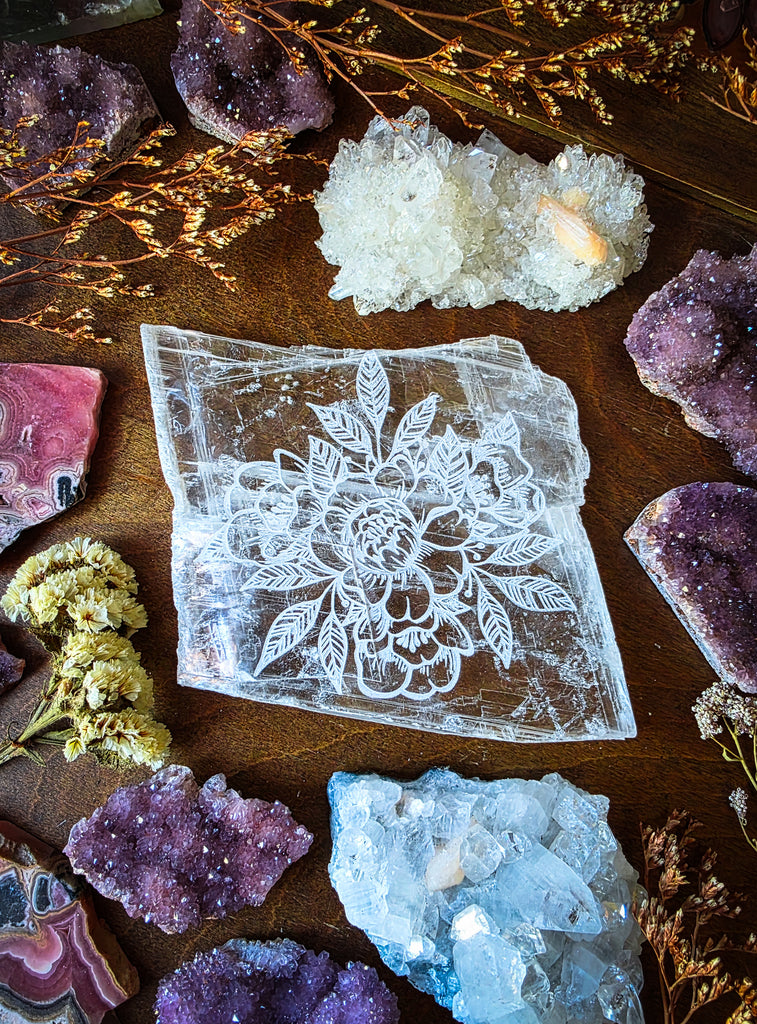Engraved Clear Selenite Crystal Slabs
