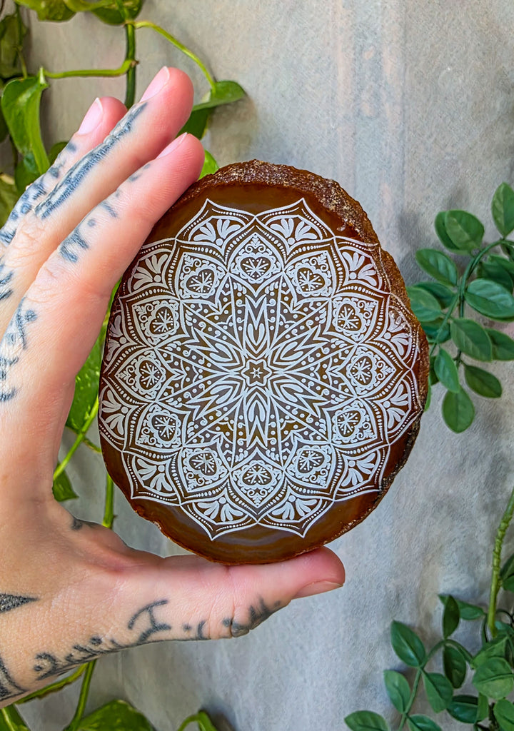 Earthy Amber Mandala Agate Slice Crystal