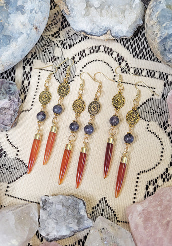 Iolite and Carnelian Crystal Earrings