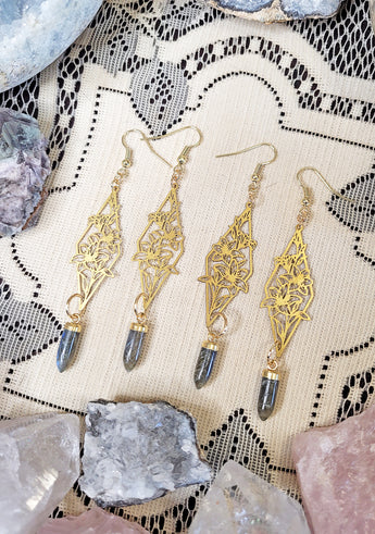 Gold Floral Labradorite Crystal Earrings