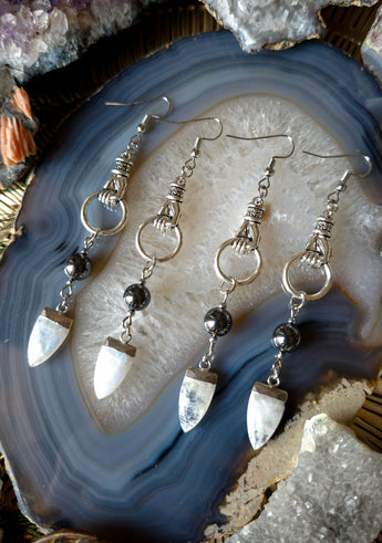 Hand Hanger Earrings with Hematite and Moonstone