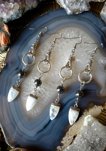 Hand Hanger Earrings with Hematite and Moonstone