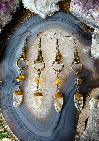 Hand Hanger Earrings with Citrine and Rutilated Quartz