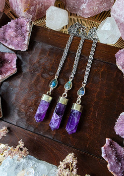 Amethyst Point Labradorite Drop Crystal Necklace