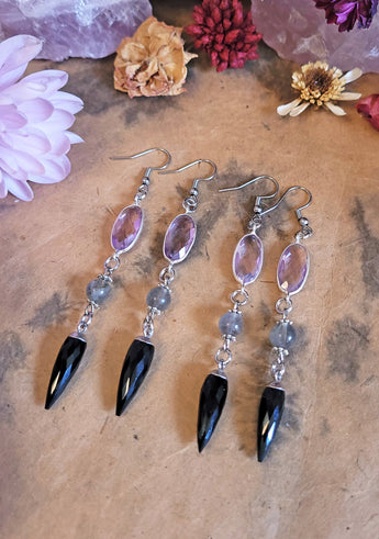 Amethyst and Obsidian Crystal Earrings