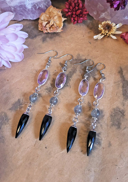Amethyst and Obsidian Crystal Earrings