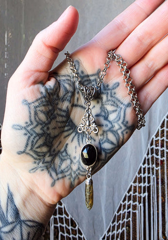 Ornate Obsidian and Labradorite Crystal Necklace