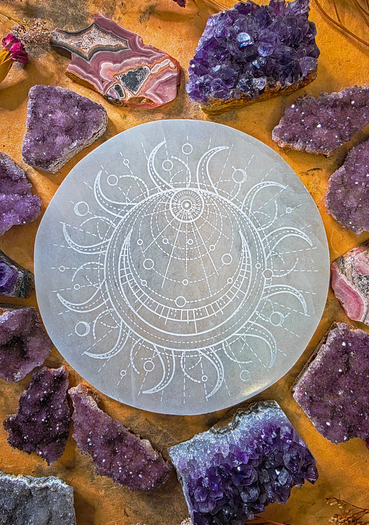 Lunar Sun Mandala Selenite Crystal Disc