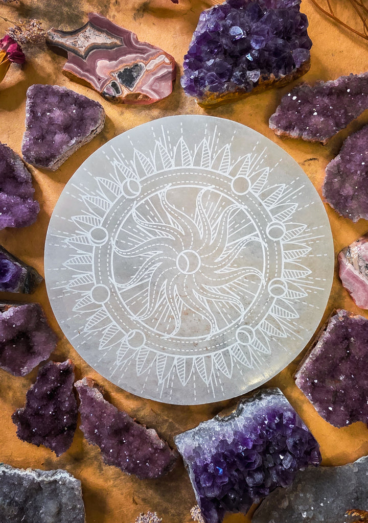 Summer Solstice Mandala Selenite Crystal Disc