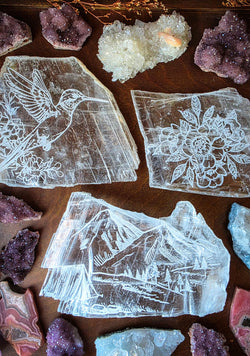 Engraved Clear Selenite Crystal Slabs