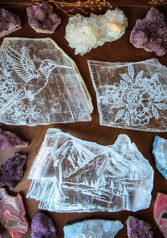 Engraved Clear Selenite Crystal Slabs