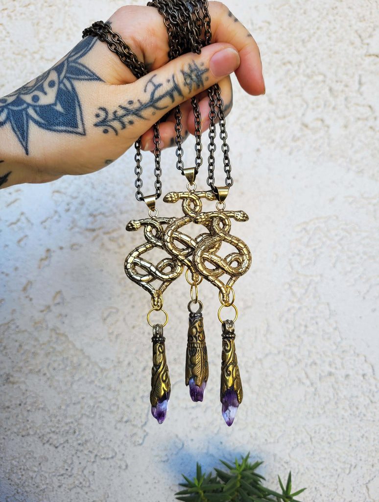 Serpents Twist Amethyst Gold Amulet Necklace