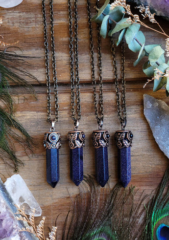 Blue Goldstone Healers Crystal Point Necklace