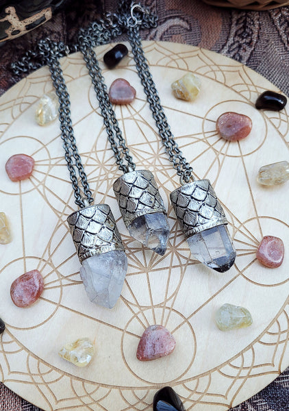 Quartz Crystal Scalloped Silver Amulet Necklace
