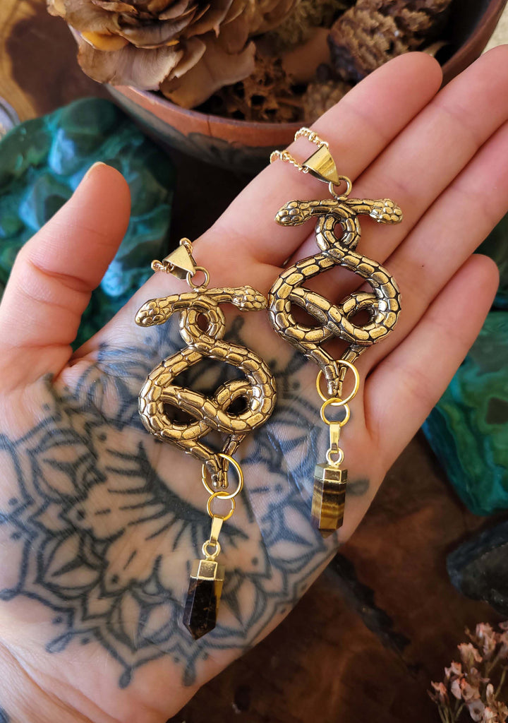 Serpents Twist Tigers Eye Gold Amulet Necklace